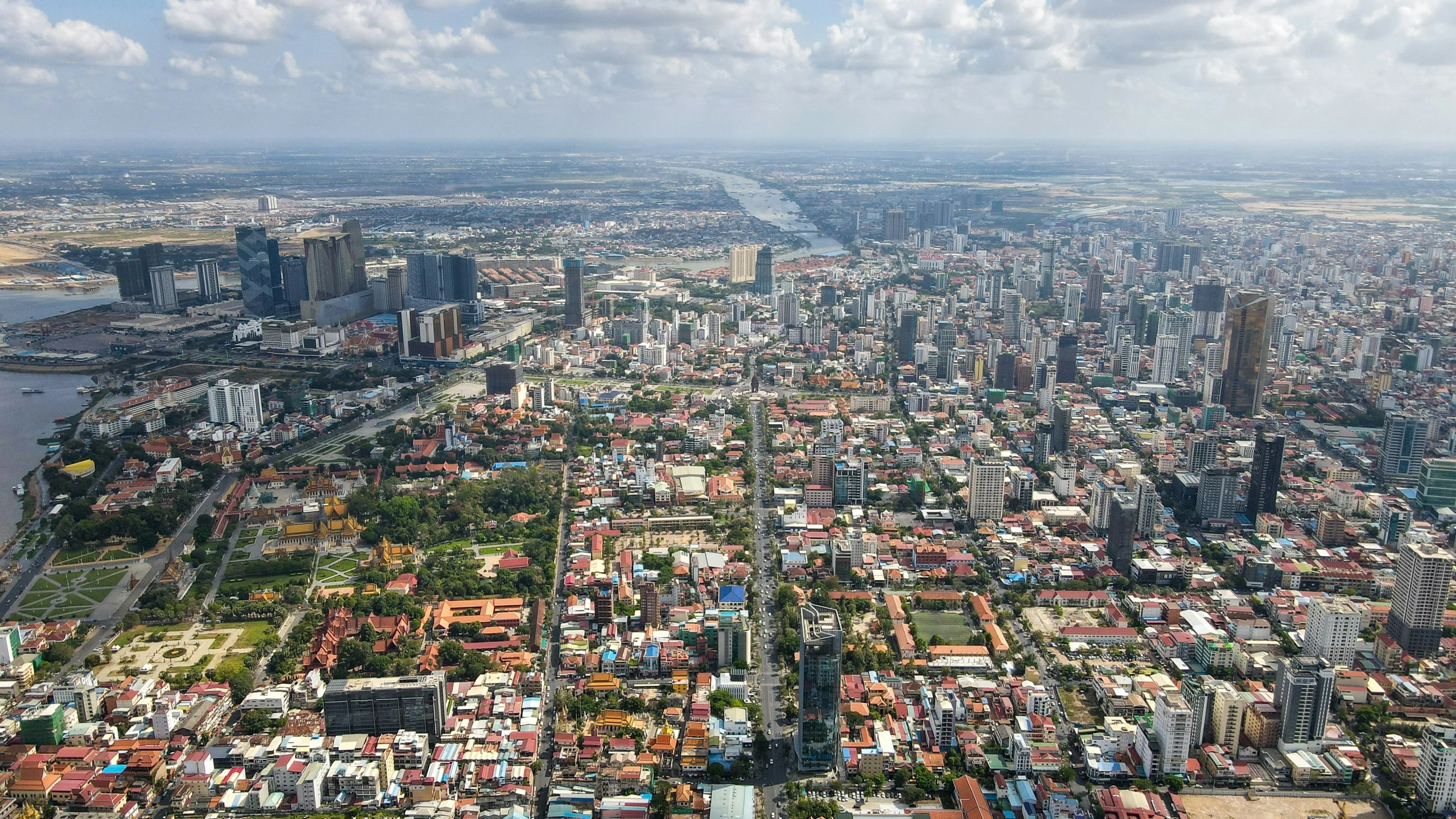 an aerial po of a city and the river