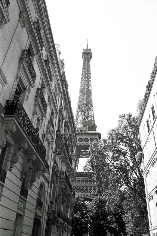 view of eiffel tower in paris from behind some buildings