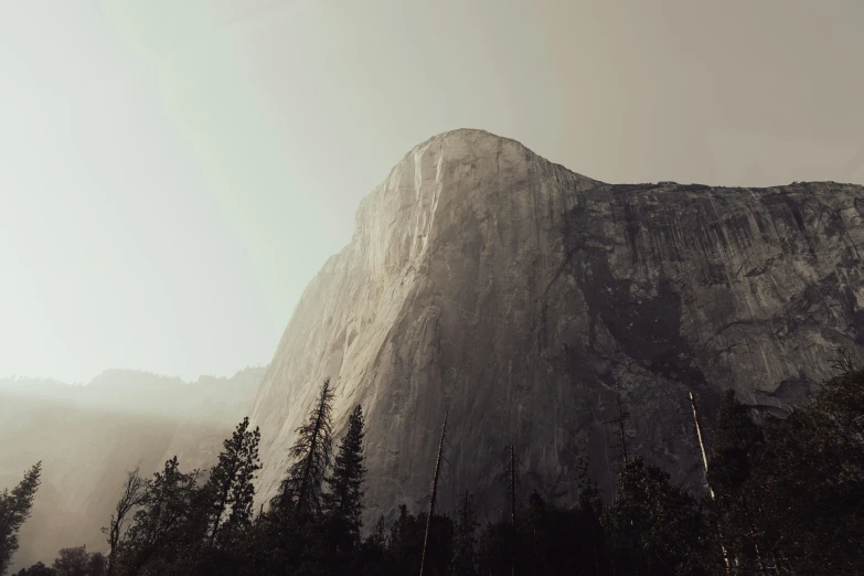 the face of a mountain that is surrounded by trees