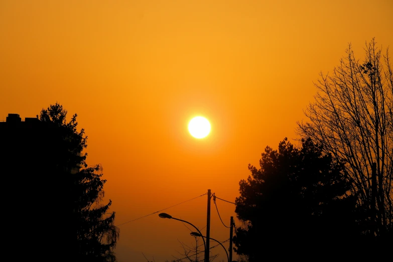 the sun setting over trees in front of a tall building