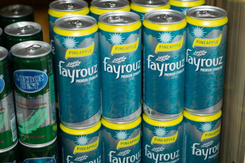 stacks of flavored beverages lined up on shelves