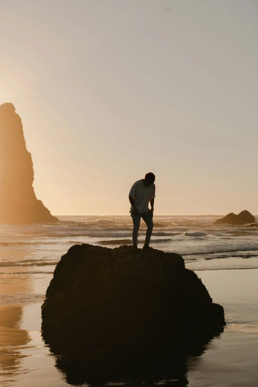 a person is standing on a rock at the beach