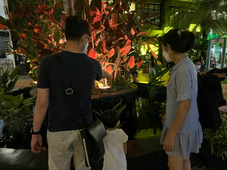 people are walking through an indoor garden with plants