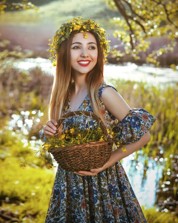 a woman with long hair in a blue dress holding a basket