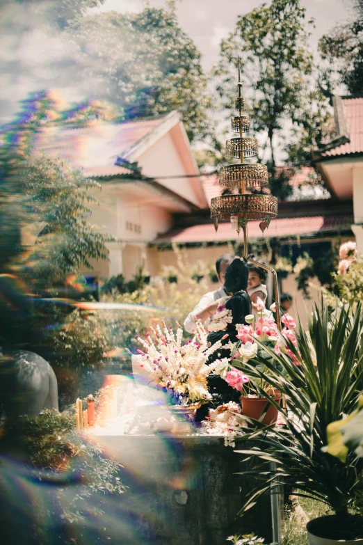 a woman takes a picture of some flowers