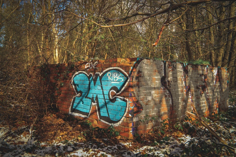 the brick wall has graffiti and a lot of trees around it