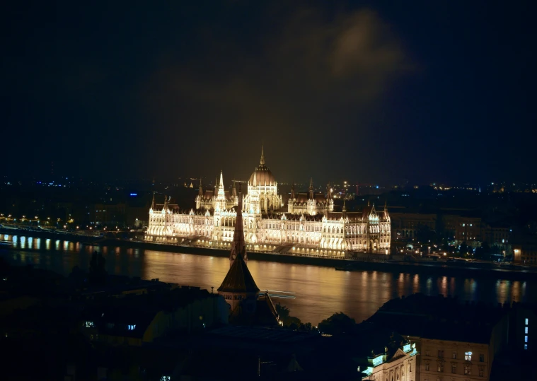 a dark city by the river at night