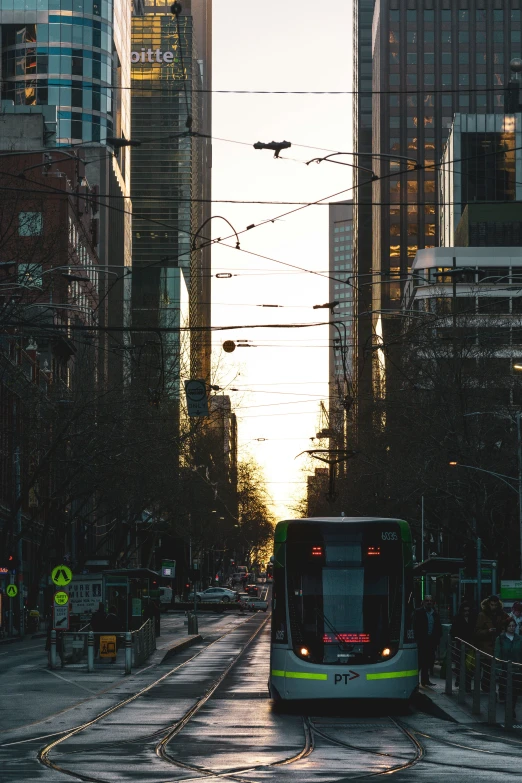 bus traveling down street during the evening light