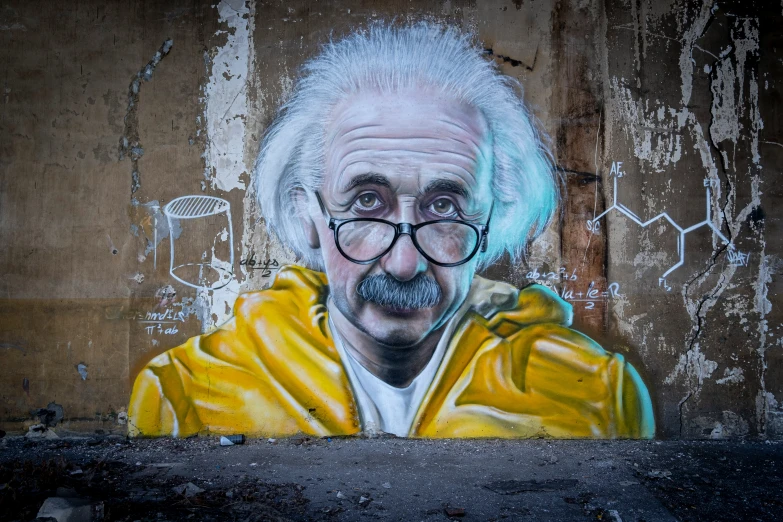 a close up of a mural of a man wearing glasses