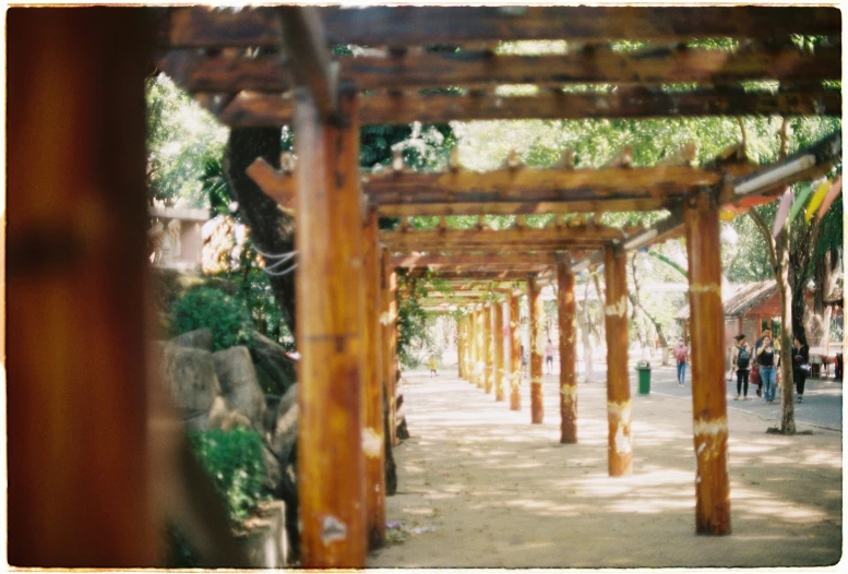 there are wooden poles and pillars on the path