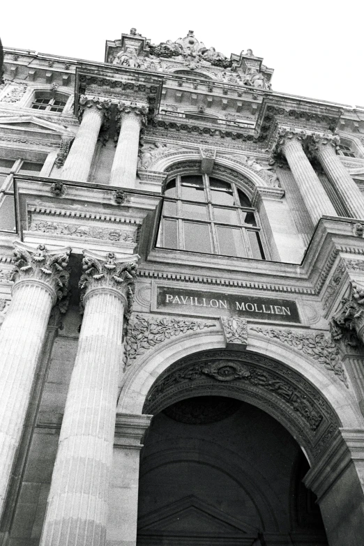 a black and white po of a very large building