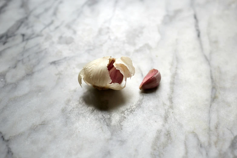 a peeled flower on a marble table next to a peeled onion