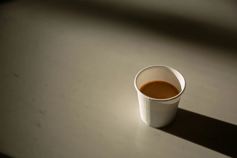 an empty coffee cup on a brown table