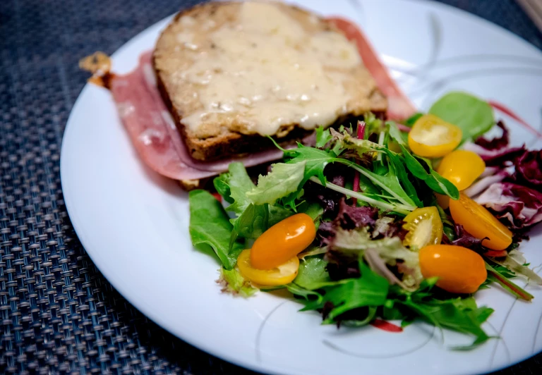 a plate has lettuce, tomatoes, and bread on it