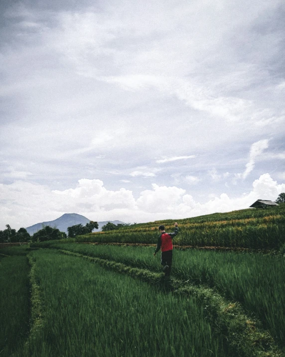 a man stands in an empty green field, while a lone plane flies overhead