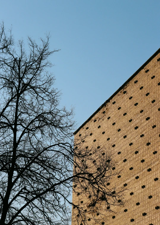 a large building with a tree next to it