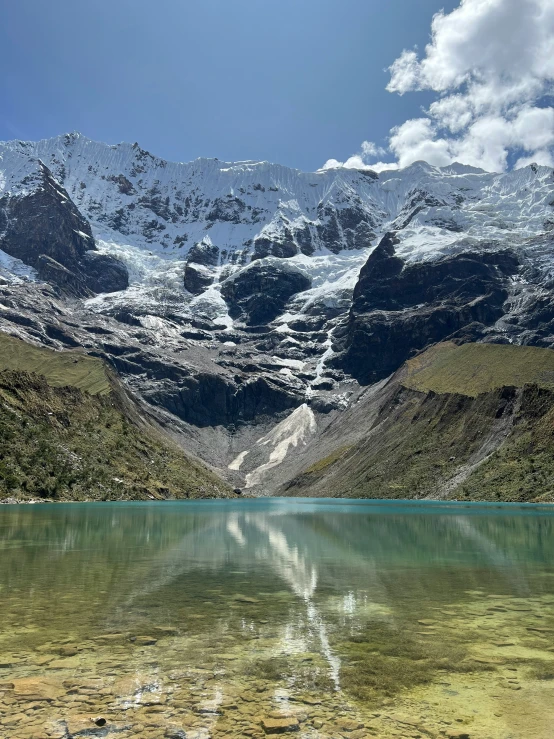 water is very clear in the mountains by a mountain lake