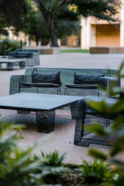 green outdoor furniture in an empty public space