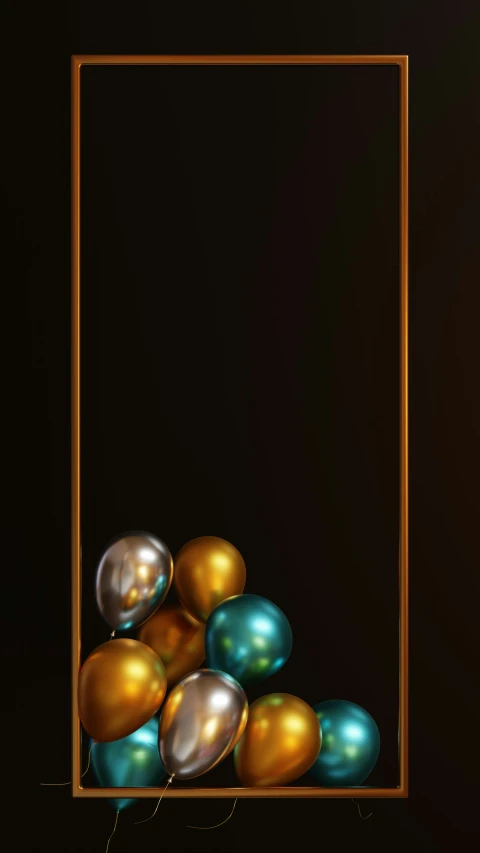 a painting of a gold framed frame holding a bunch of metallic balls