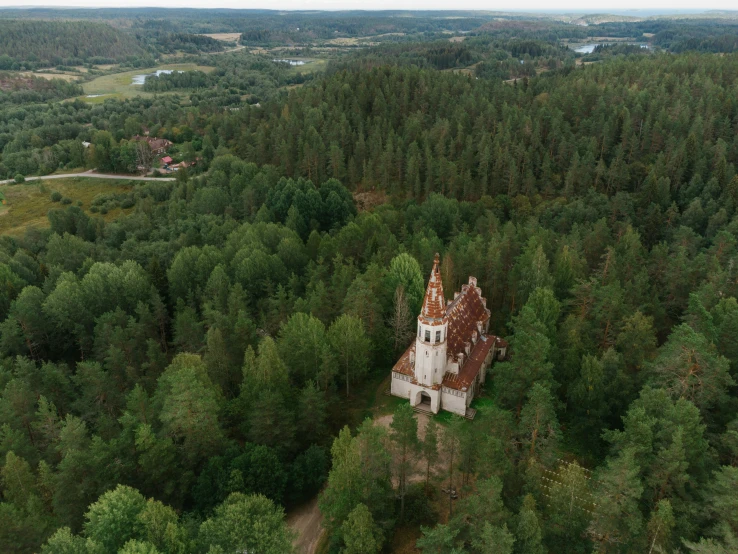 an aerial view of a small castle surrounded by trees