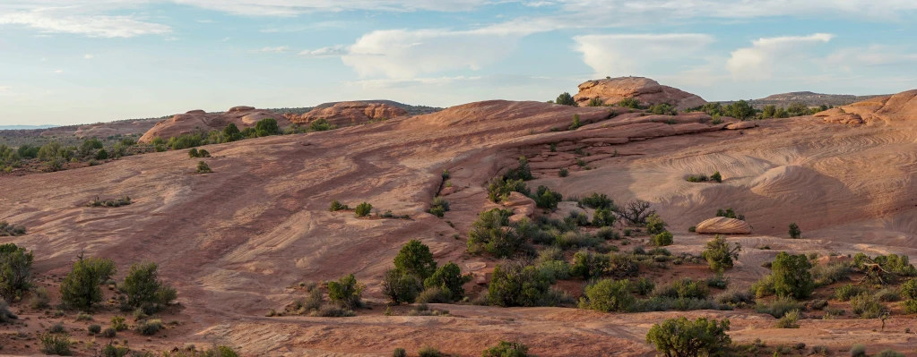 mountains of red clay with sp vegetation and blue sky