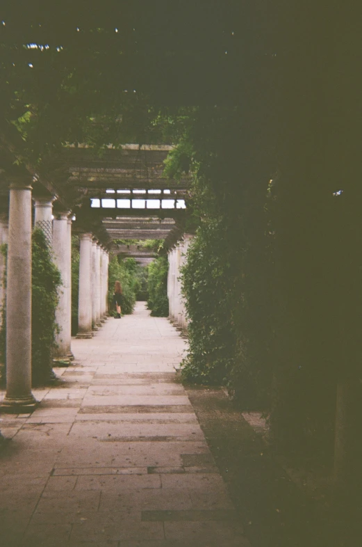 a narrow walkway between two stone pillars