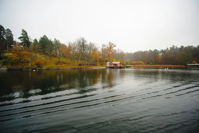 a boat on the water with trees in the background