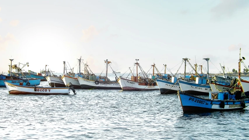 several boats are parked on the water near each other