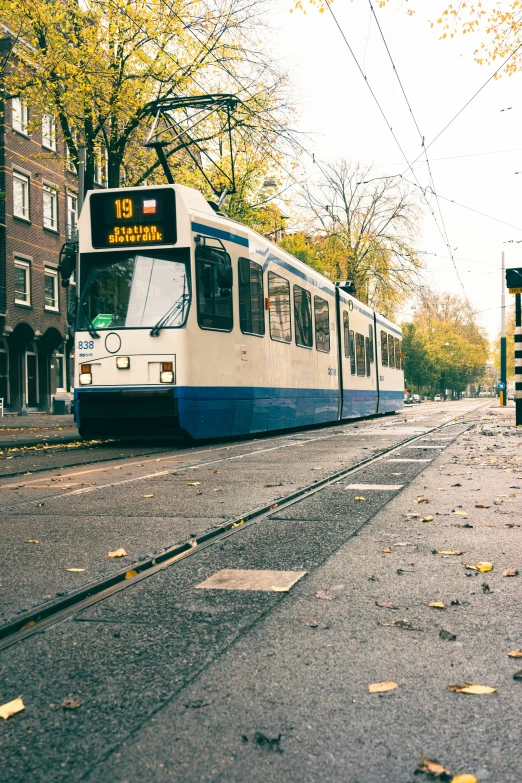 the transit trolley car moves down the road in the daytime