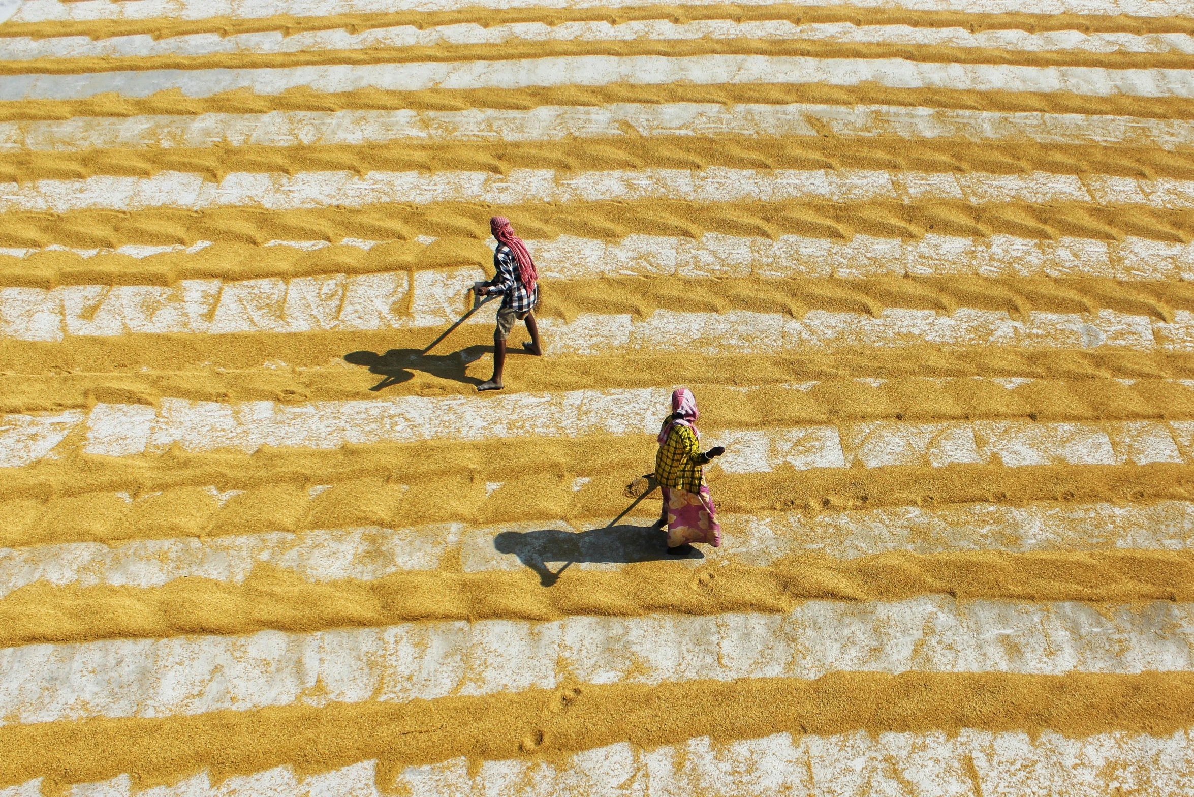 some people are walking by some yellow stuff