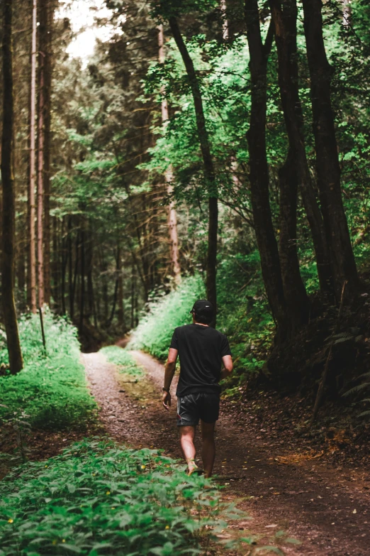 a person running down a wooded path in a forest