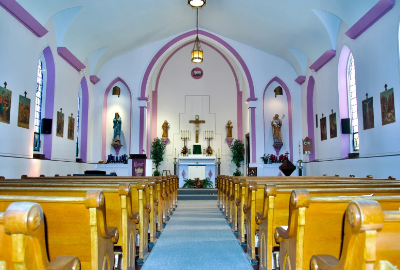 inside of a very modern and colorful church
