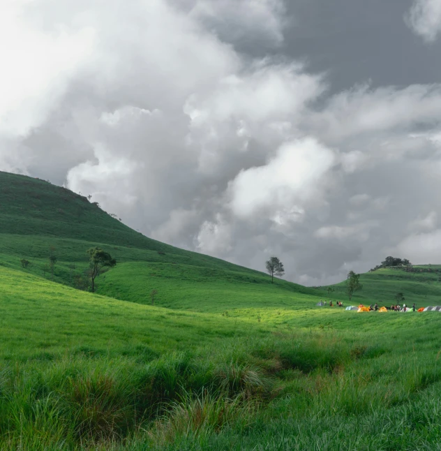 a green grassy mountain side with a cloudy sky