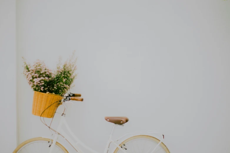 a white bicycle with a basket full of flowers