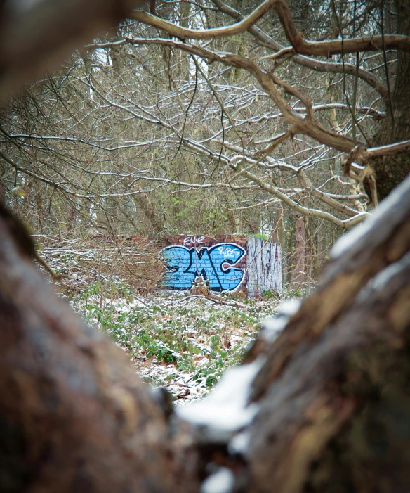 the remains of a wood covered field with graffiti