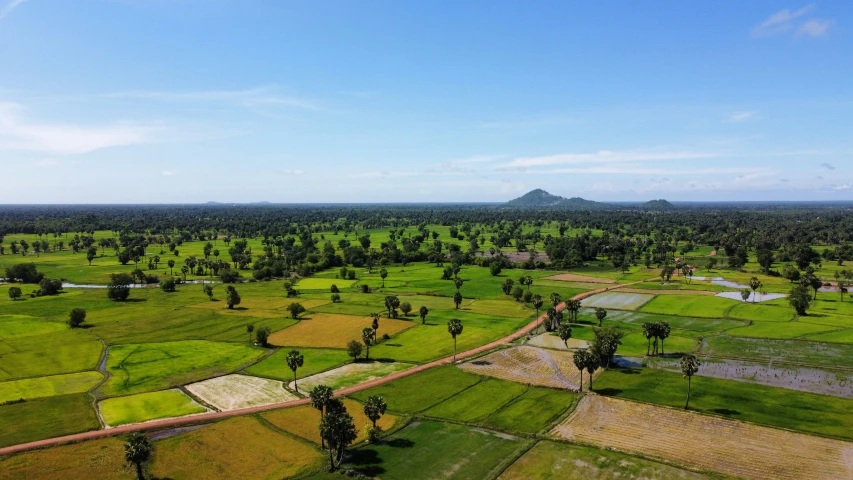 an aerial view of some green field with mountains in the background