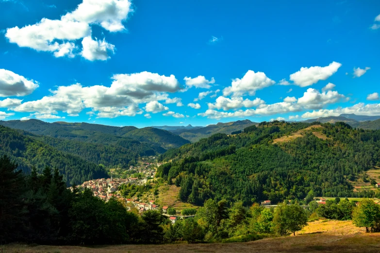 a mountain with many trees on it and a town in the distance