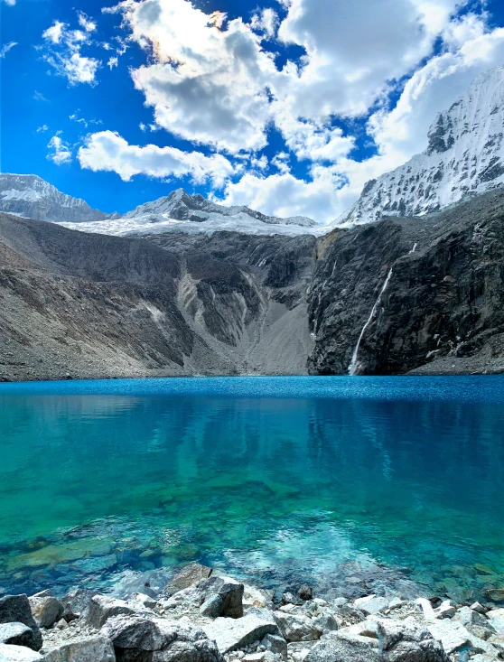 a lake and some mountains on a clear day