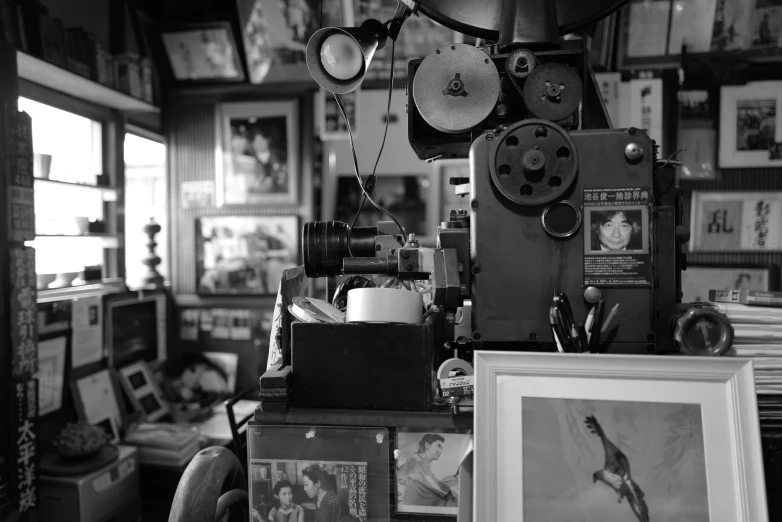 black and white pograph of a sewing machine in a shop