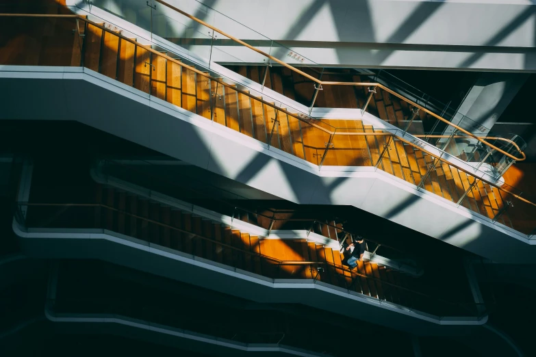 an overhead s of several stairways in a building