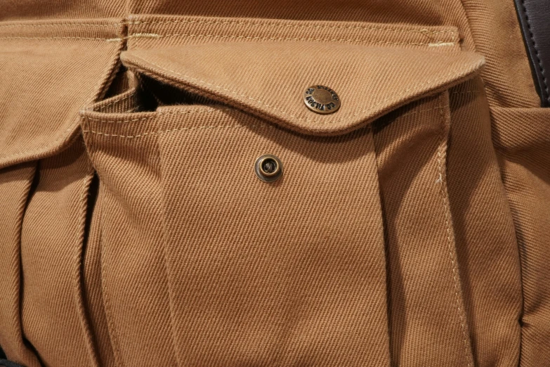 a brown canvas jacket has a pocket for oned up items