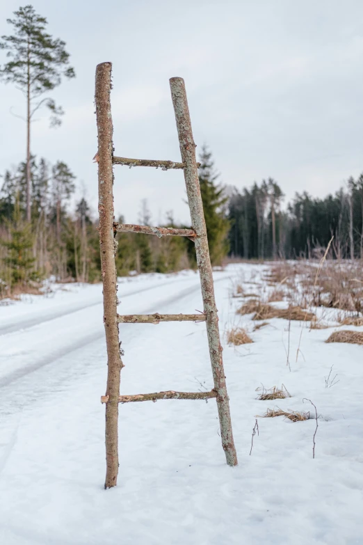 the snow is covered with ice and two wood ladders are in the middle of the road