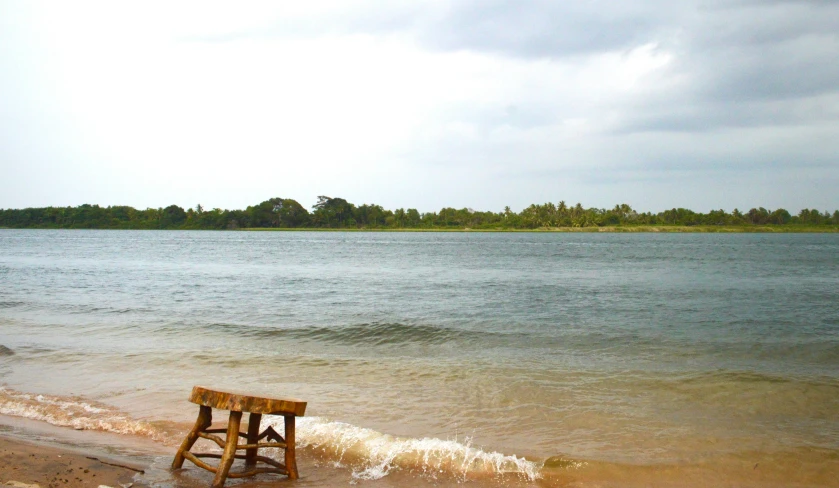 a bench sits out side the water and shore