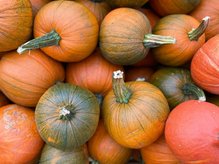 several pumpkins with orange and green trim sitting on top of each other