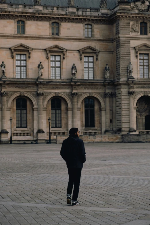 person looking up at an ornate building