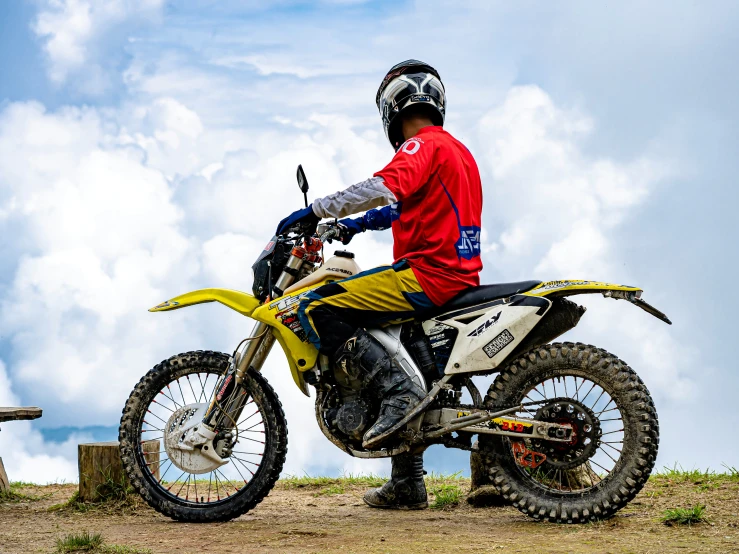 a guy is on a yellow dirt bike