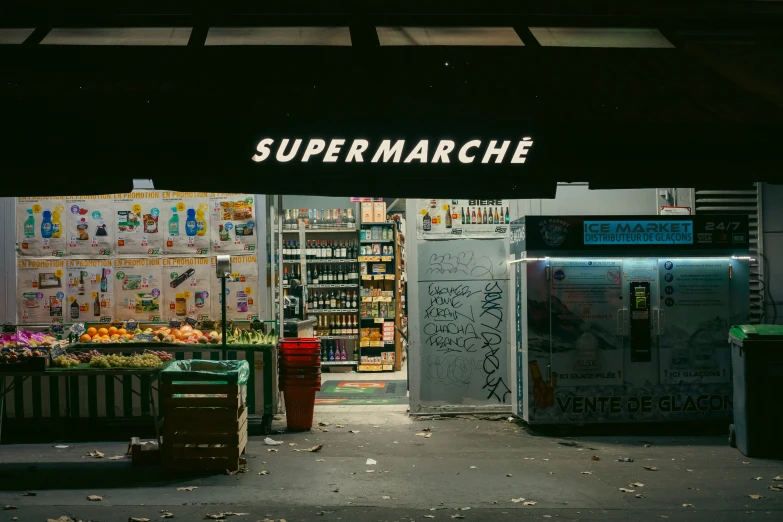 an open shop with two large signs in front of it