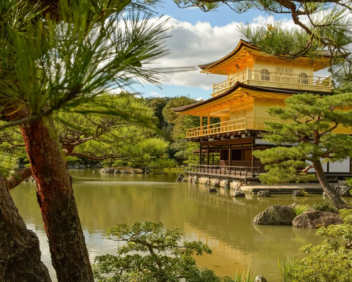 a large pagoda in the middle of trees and water