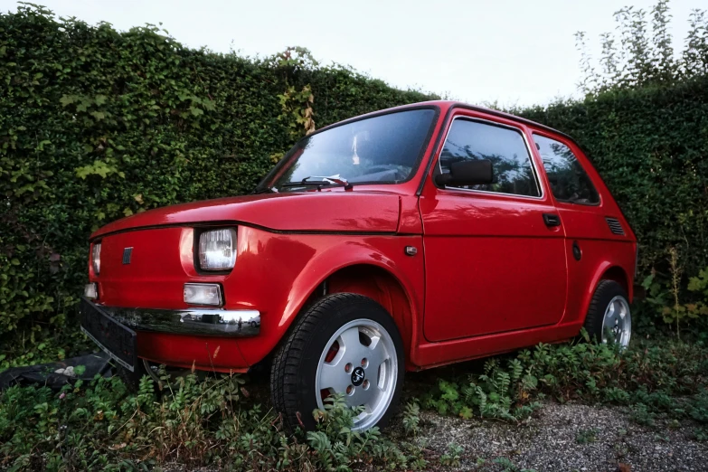 an old red car parked in the weeds