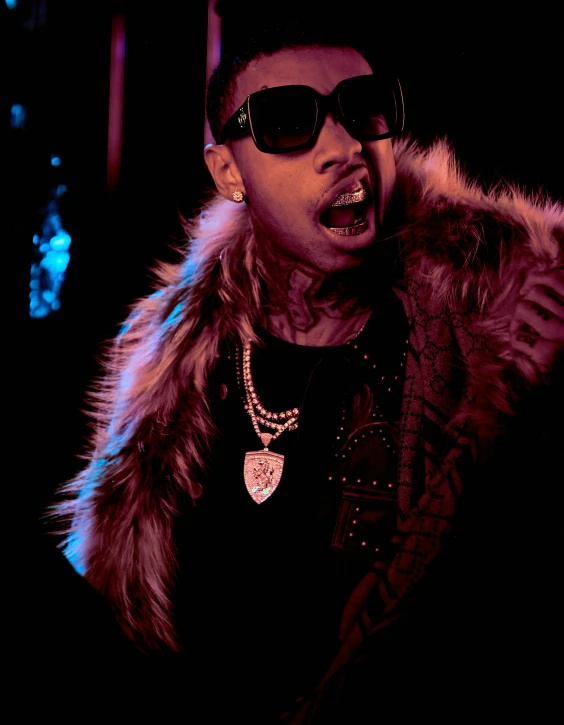 a person with sunglasses, in a furry coat and necklace